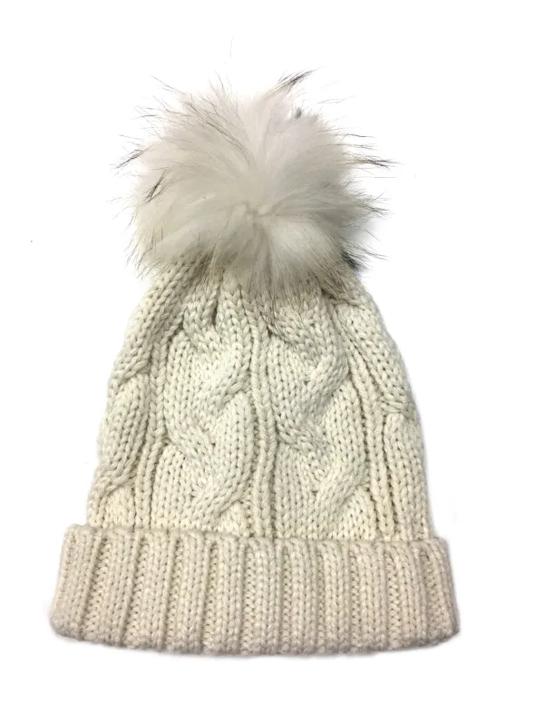 Braided Cable Knit Cuffed Beanie with Tonal Raccoon Pom sold by Crown Cap