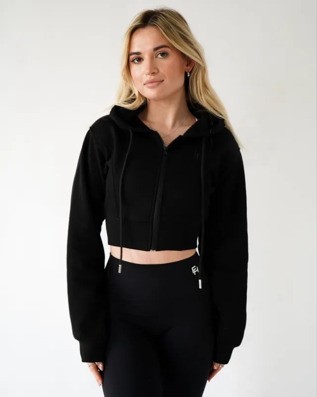 【DISCERNMENT】Lux Letter Juri Crop Hood Glide Cropped Full Zip Hoodie - Black/White/Rhinestone/Blue