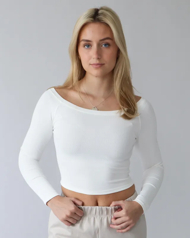 Essential Ribbed Boatneck Longsleeve - White sold by First Health Apparel