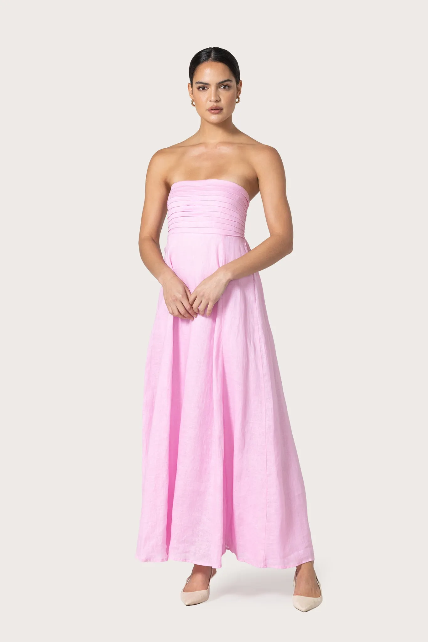 Talia Pintuck Linen Maxi Dress in Slipper sold by LUSANA