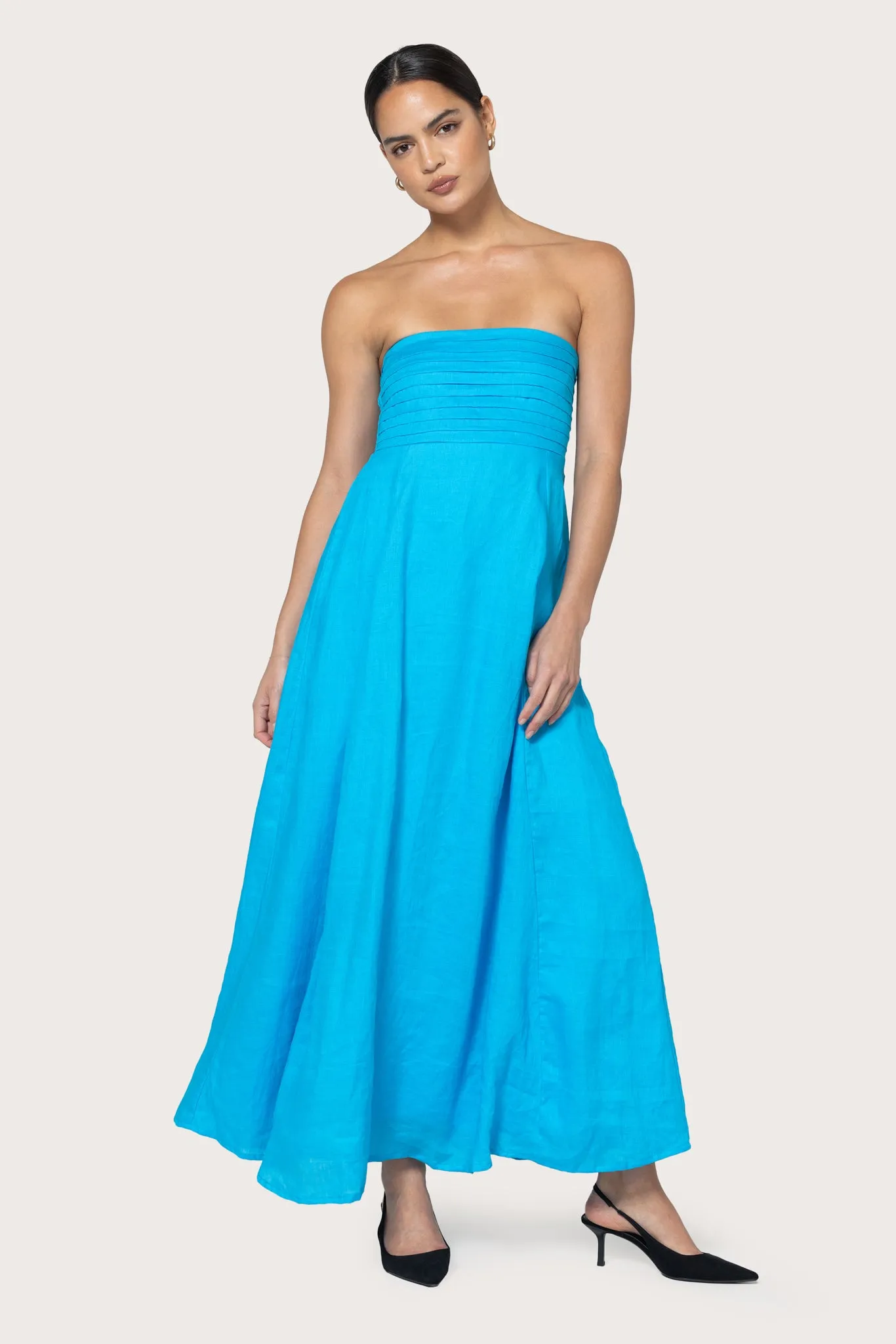 Talia Pintuck Linen Maxi Dress in Caribbean Blue sold by LUSANA product image thumbnail 3