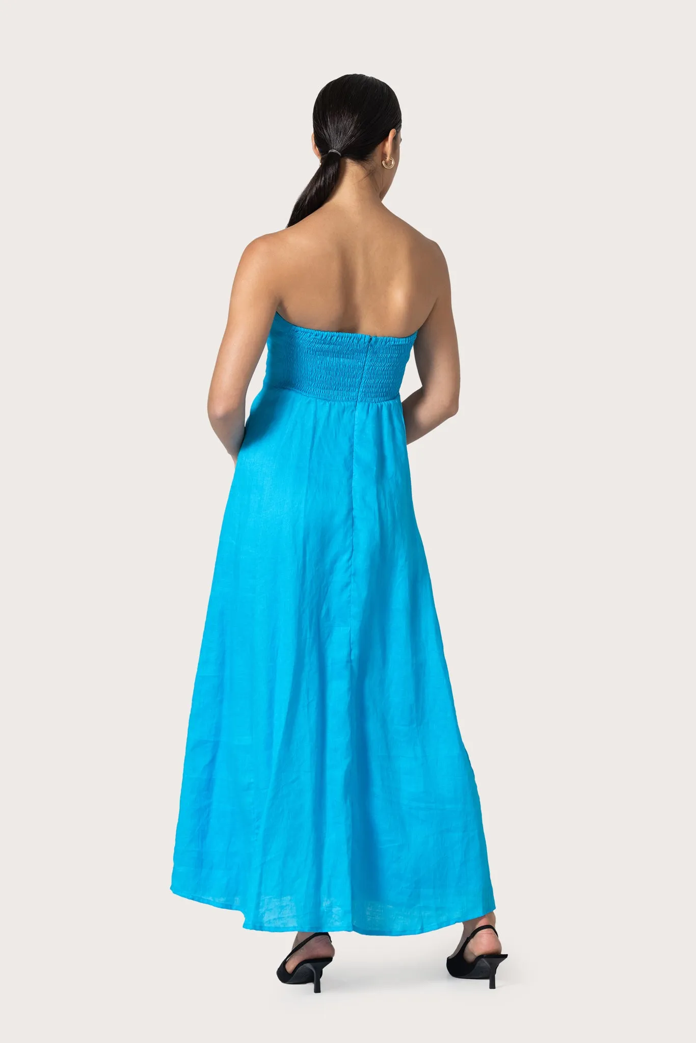 Talia Pintuck Linen Maxi Dress in Caribbean Blue sold by LUSANA product image thumbnail 4