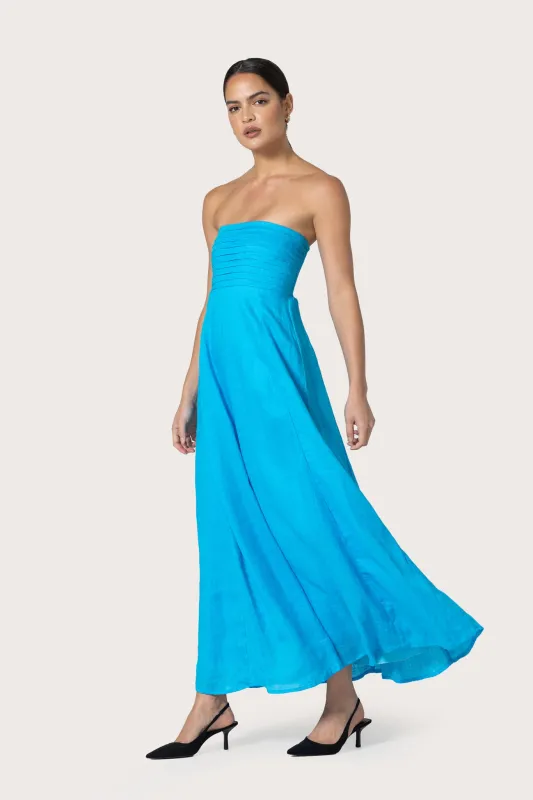 Talia Pintuck Linen Maxi Dress in Caribbean Blue made by LUSANA
