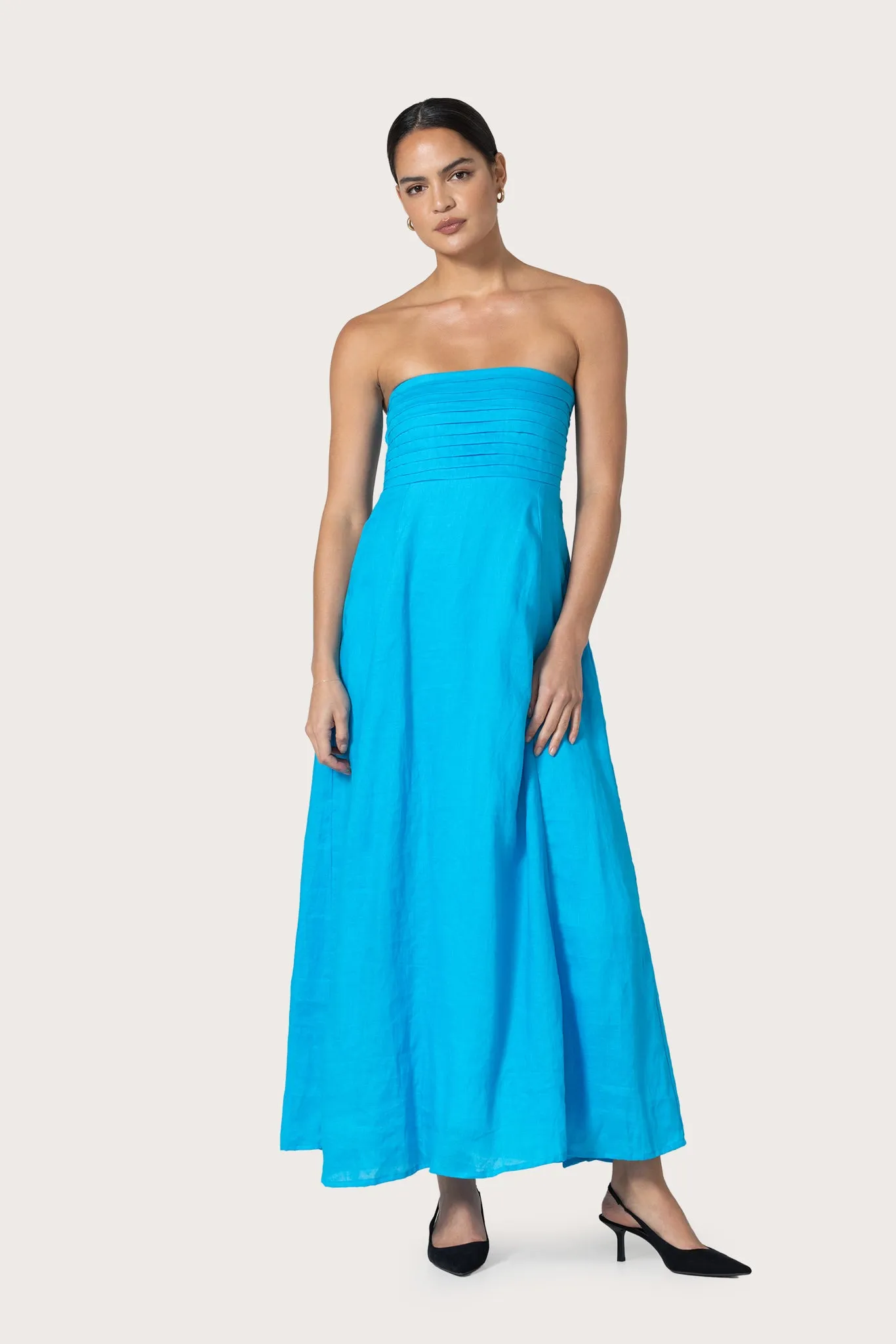 Talia Pintuck Linen Maxi Dress in Caribbean Blue sold by LUSANA product image thumbnail 2