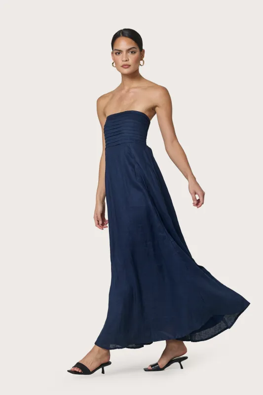 Talia Pintuck Linen Maxi Dress in Navy made by LUSANA