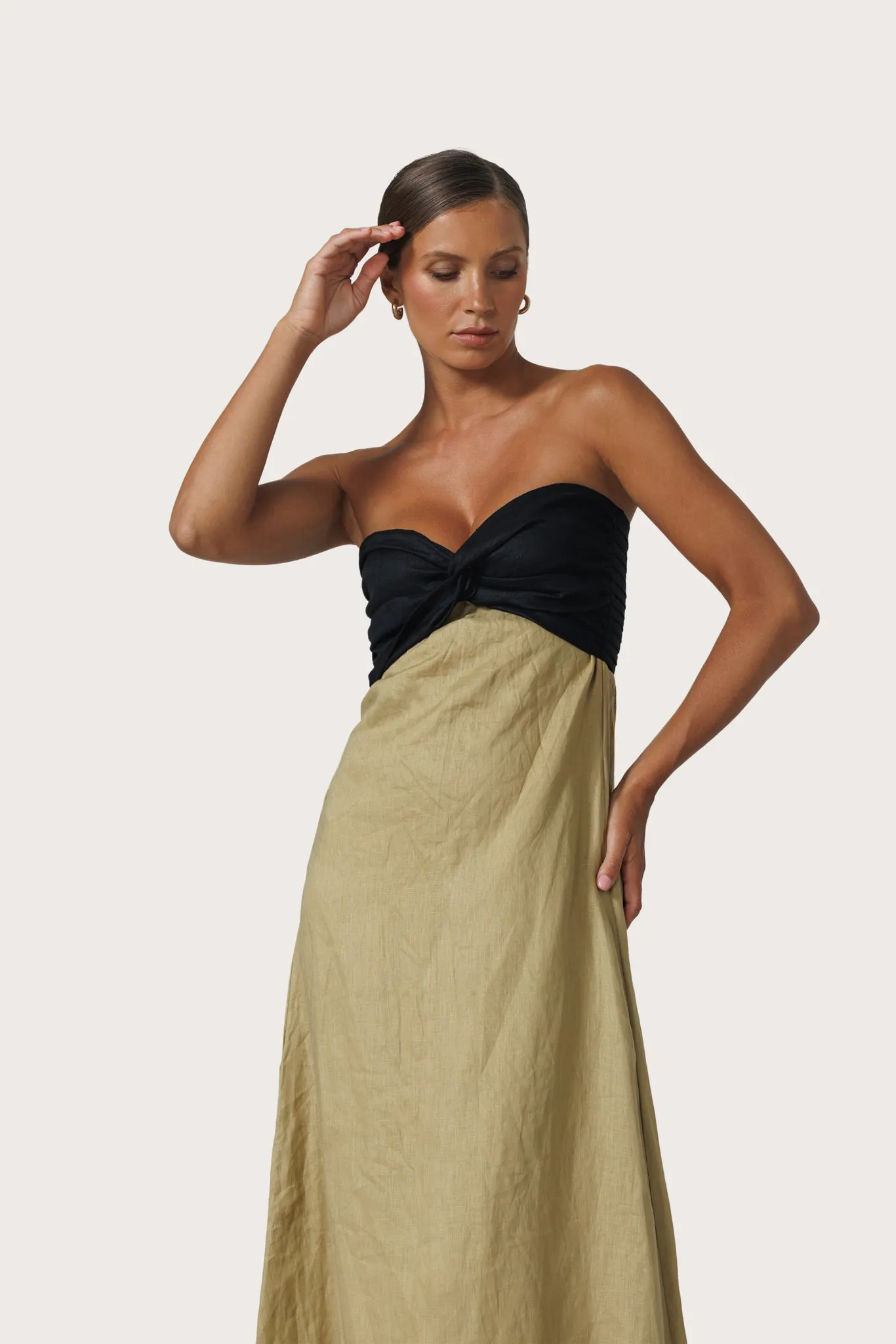 Melody Contrast Maxi Linen Dress in Cafe sold by LUSANA product image thumbnail 2