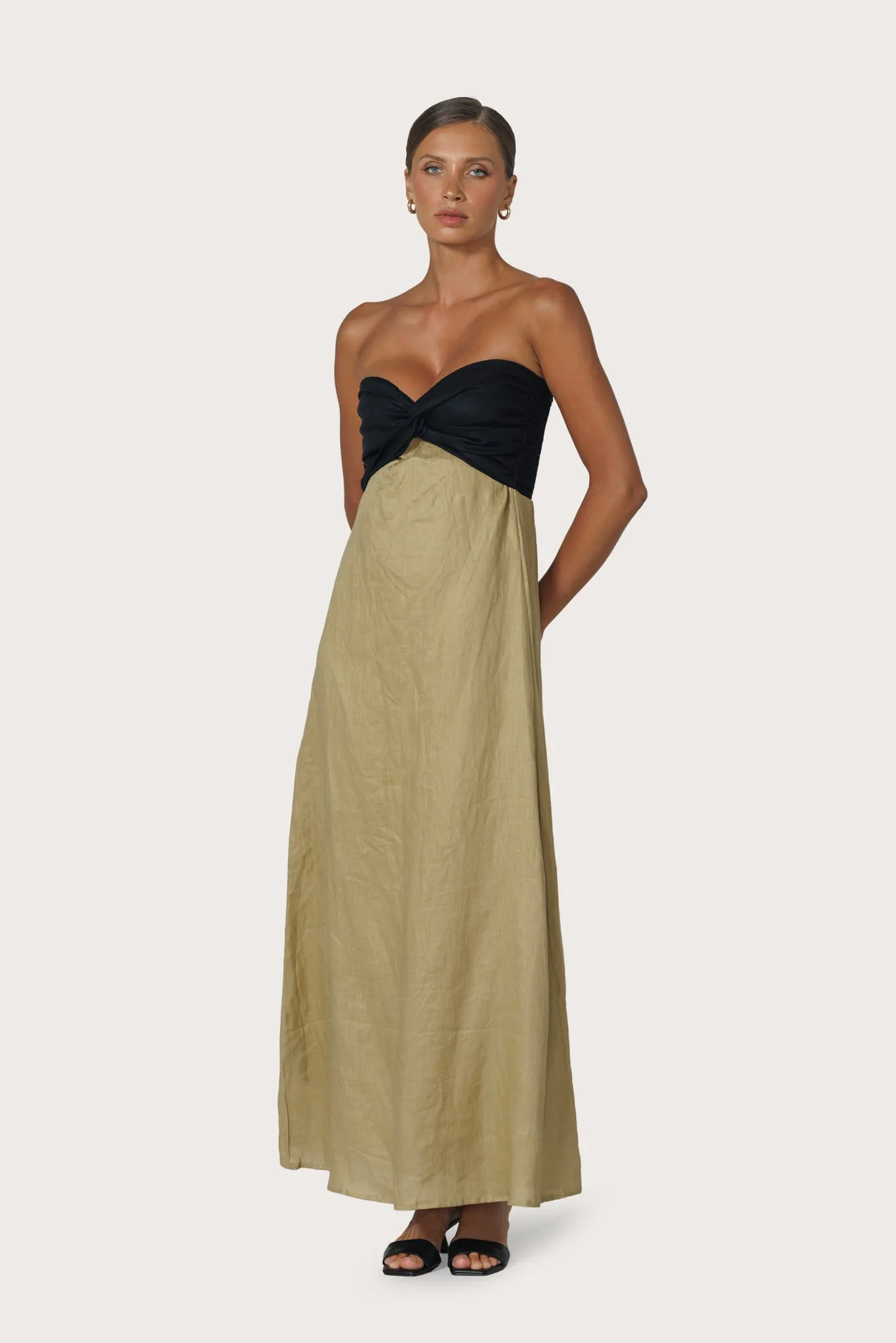 Melody Contrast Maxi Linen Dress in Cafe sold by LUSANA