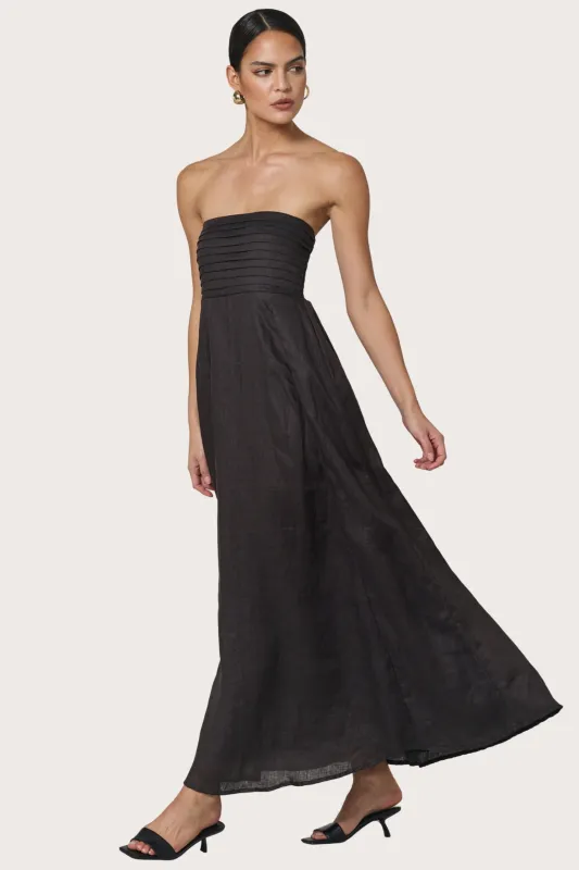 Talia Pintuck Linen Maxi Dress in Coffee made by LUSANA