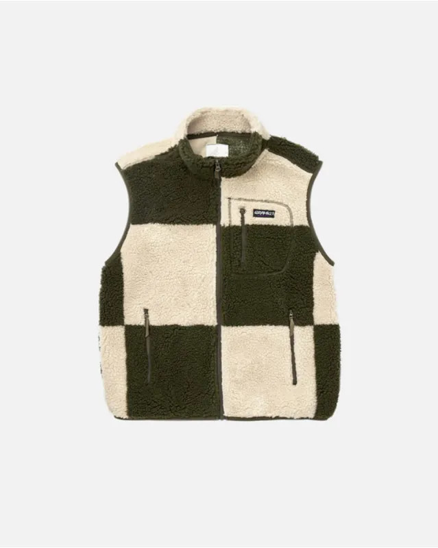 Checkered Sherpa Vest Natural/Olive Check sold by Camp Brand Goods