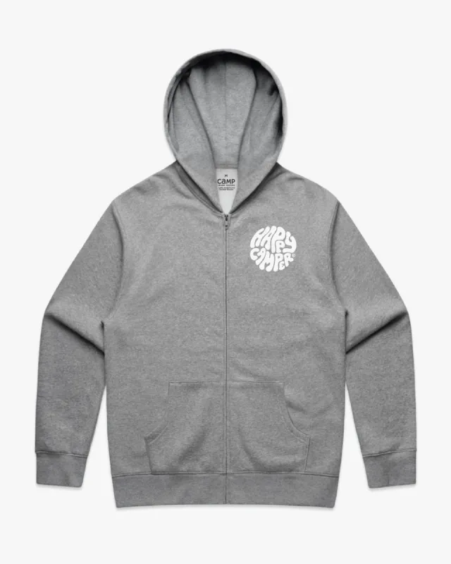 Happy Camper Crest Zip Hood - Heather Grey sold by Camp Brand Goods
