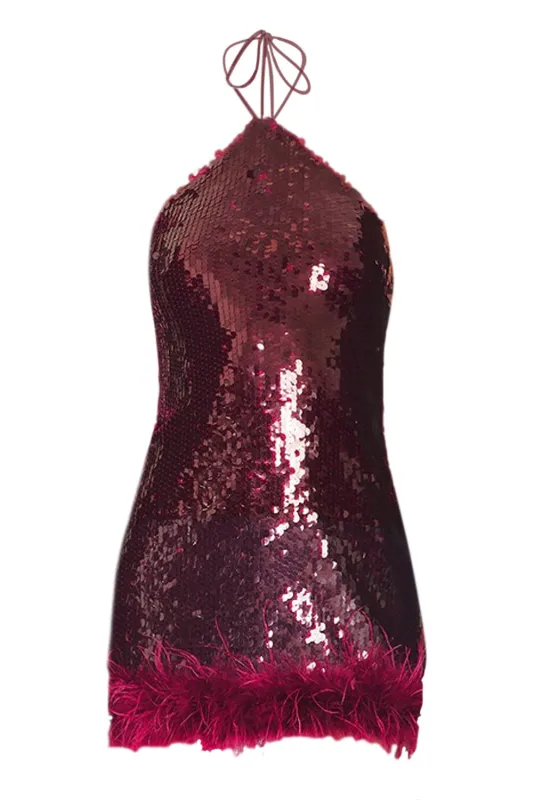 Nicola Faux Fur Hem Mini Dress Cherry sold by Sand Dollar