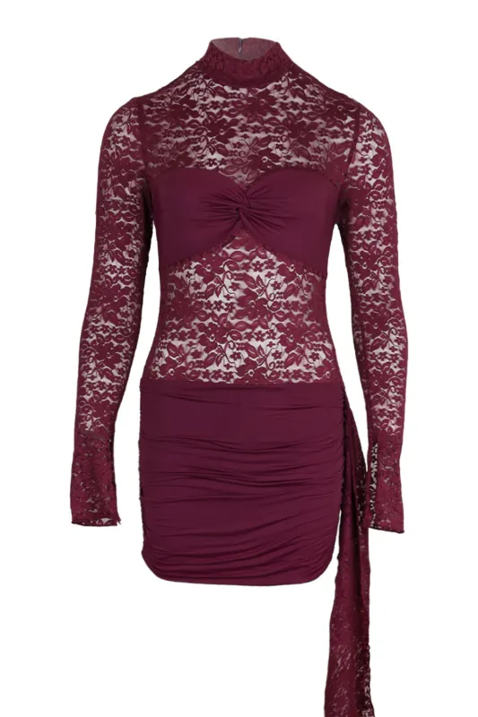 Larna Lace Sleeved Mini Dress Wine sold by Sand Dollar
