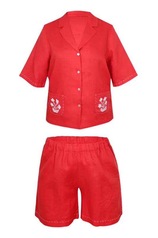 Red Linen Set with Flower Embroidery sold by Sand Dollar