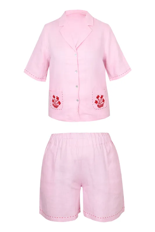 Pink Linen Set with Flower Embroidery sold by Sand Dollar
