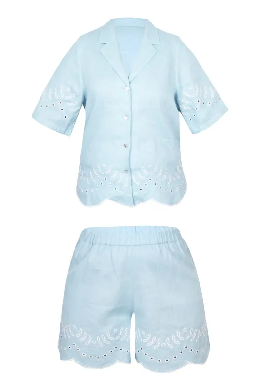 Pale Blue Linen Set with Leaves Embroidery sold by Sand Dollar