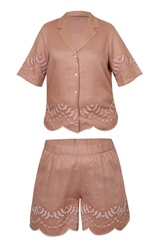 Mocha Linen Set with Leaves Embroidery sold by Sand Dollar