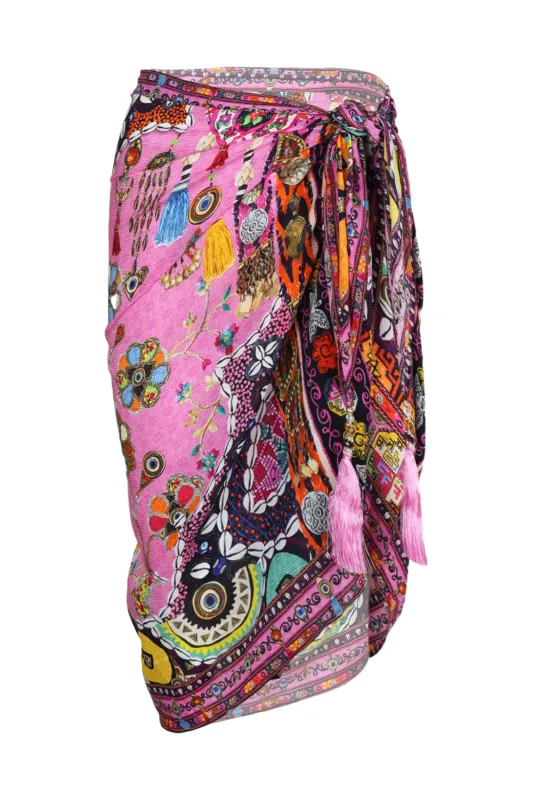 Woven Short Sarong with Tassels Patchwork Panorama made by Camilla