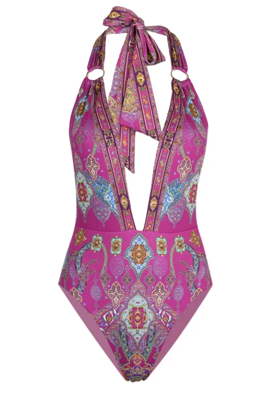 Plunge Backless Halter One Piece with Ring Ties sold by Sand Dollar