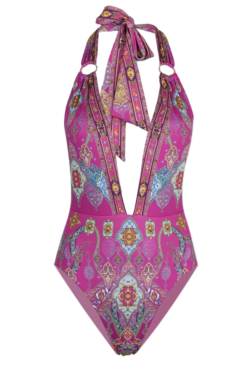 Plunge Backless Halter One Piece with Ring Ties sold by Sand Dollar