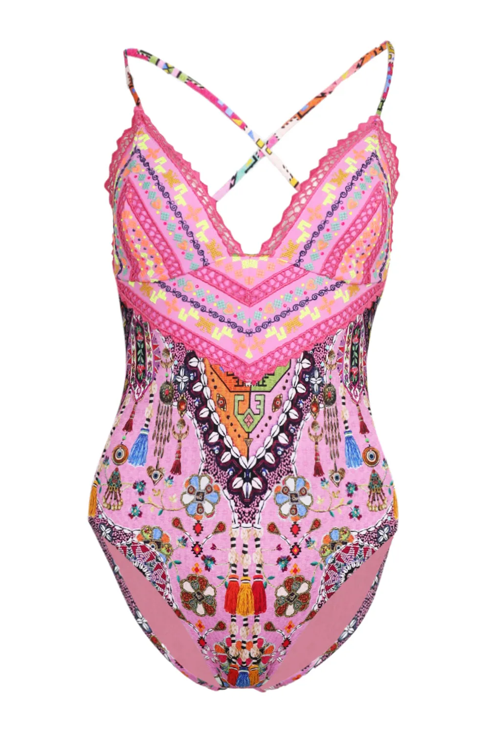 Embroidered Tri One Piece with Tie Back Patchwork Panorama sold by Sand Dollar