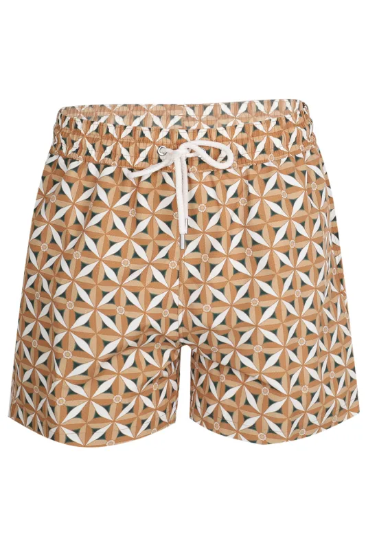 Rio Swim Short Teto Print Almond and Ivory sold by Sand Dollar