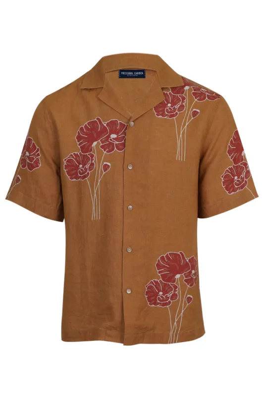 Roberto Linen Shirt Linear Floral Print Almond and Coral Rose sold by Sand Dollar