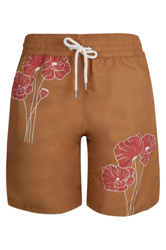 Santos Swim Short Linear Floral Print Almond and Coral Rose sold by Sand Dollar