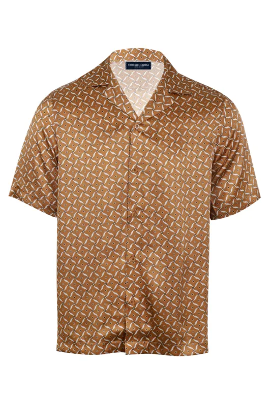 Roberto Silk Shirt Lotus Print Almond and Ivory sold by Sand Dollar