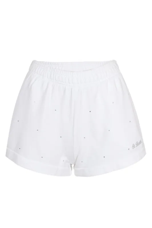 Cate White Cotton Pull Up Shorts with Striped Rhinestone Embellishment sold by Sand Dollar