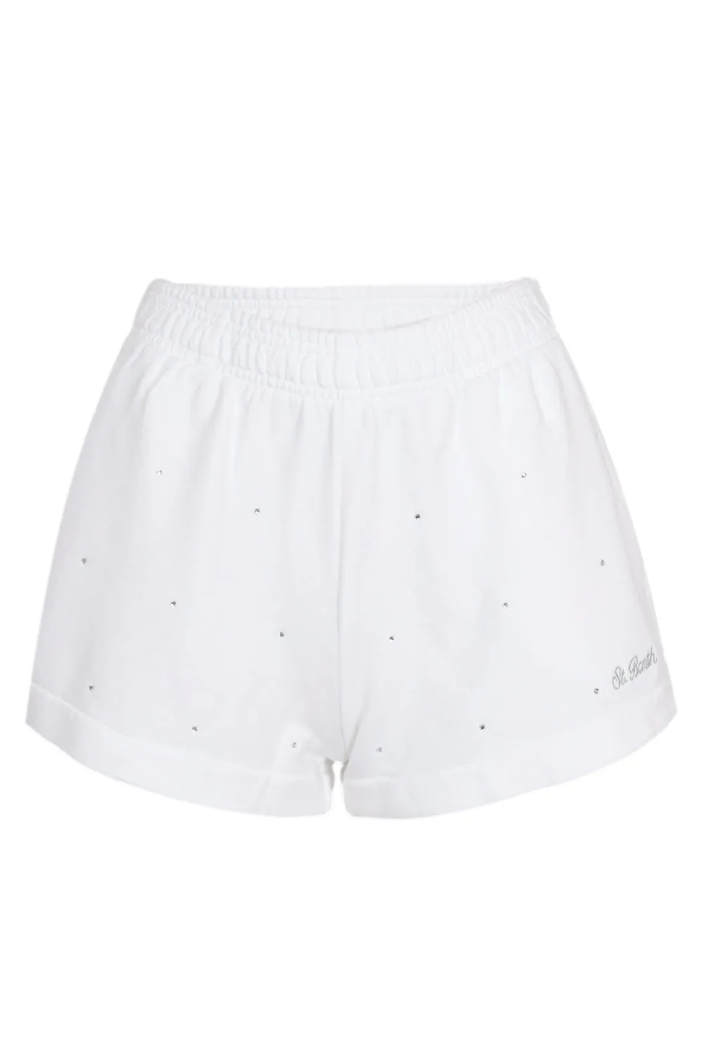 Cate White Cotton Pull Up Shorts with Striped Rhinestone Embellishment sold by Sand Dollar