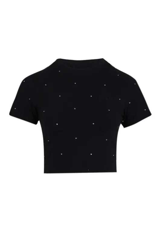 Nives Cotton T-shirt with Rhinestone Embellishment Black sold by Sand Dollar