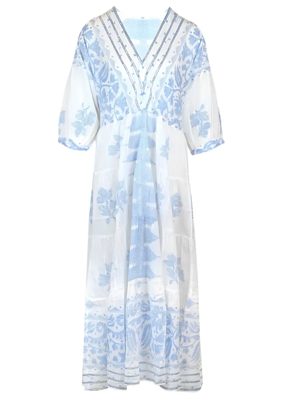 V-Neck Loose Maxi Dress In Dhaka Print White/Electric Blue sold by Sand Dollar