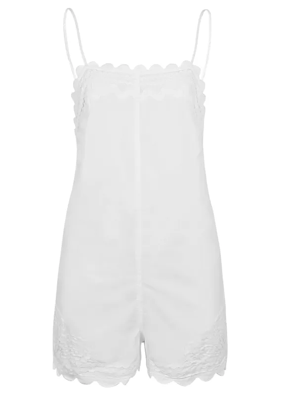Poplin Romper with Ric Rac Embroidery In White sold by Sand Dollar