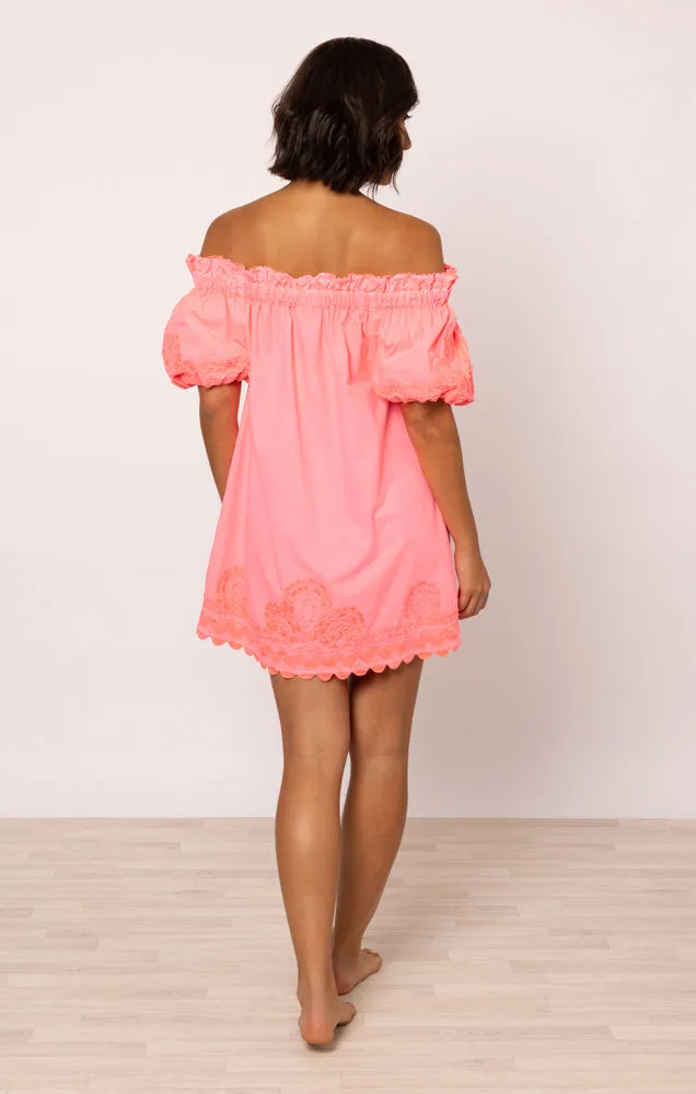 Poplin Off-Shoulder Mini Dress with Ric Rac Embroidery In Watermelon sold by Sand Dollar product image thumbnail 4