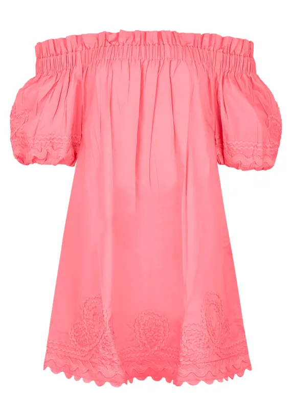 Poplin Off-Shoulder Mini Dress with Ric Rac Embroidery In Watermelon sold by Sand Dollar