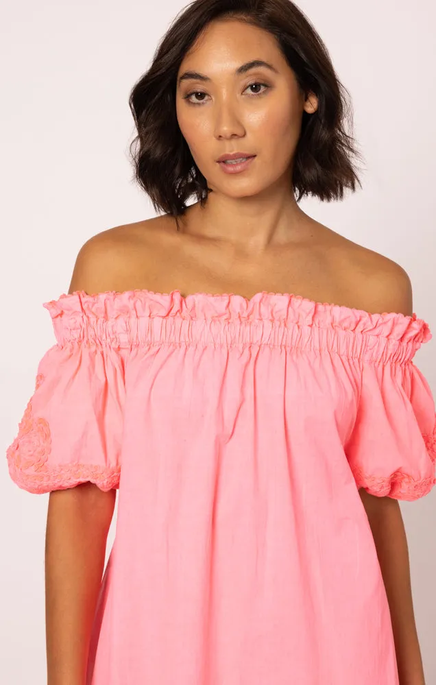 Poplin Off-Shoulder Mini Dress with Ric Rac Embroidery In Watermelon sold by Sand Dollar product image thumbnail 5