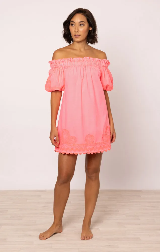 Poplin Off-Shoulder Mini Dress with Ric Rac Embroidery In Watermelon sold by Sand Dollar product image thumbnail 2