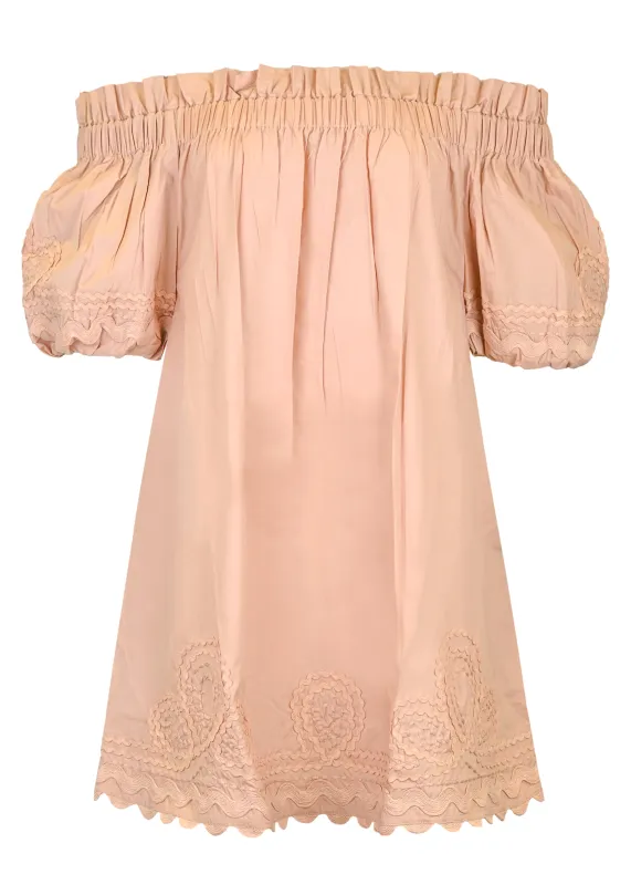 Poplin Off-Shoulder Mini Dress with Ric Rac Embroidery In Bronze sold by Sand Dollar