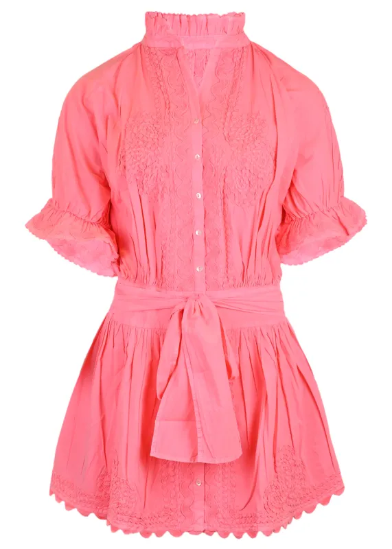 Poplin Blouson Dress With Ric Rac Embroidery In Watermelon sold by Sand Dollar