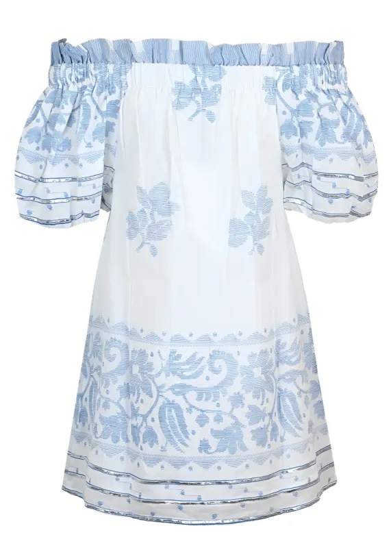 Off-Shoulder Mini Dress Dhaka Print White/Electric Blue made by Sand Dollar
