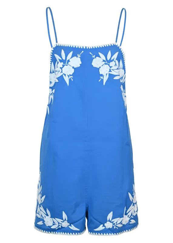 Linen Look Romper with Embroidery and Edge Stitch Marine/White sold by Sand Dollar