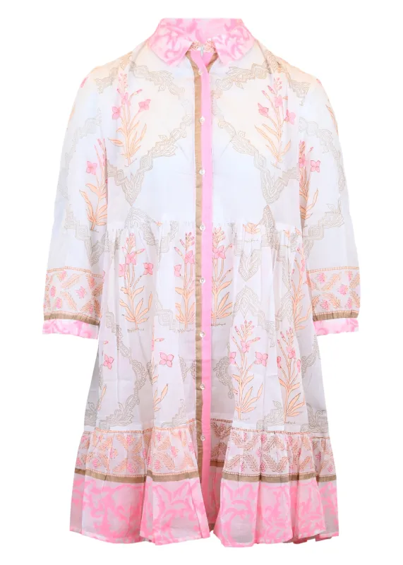 Frill Shirt Dress In Cage Block Print In White/Pink Grapefruit sold by Sand Dollar