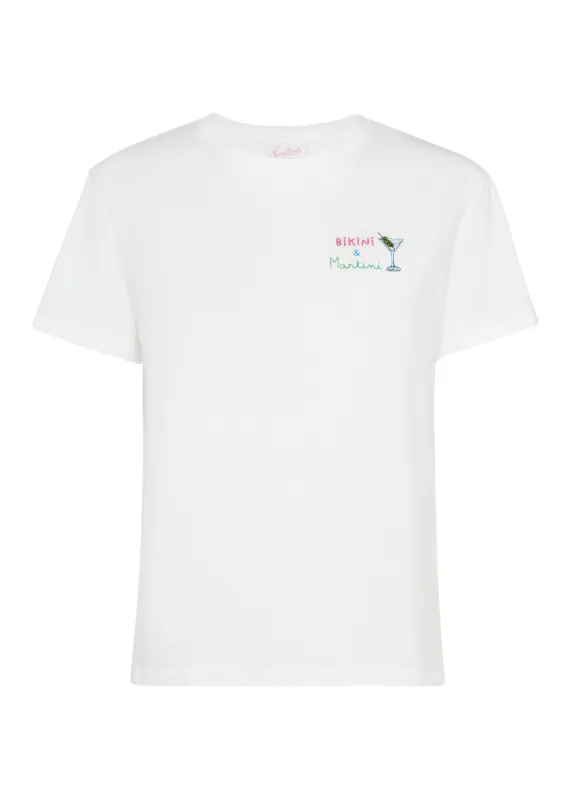 Emilie Cotton T-shirt with Bikini and Martini Embroidery sold by Sand Dollar