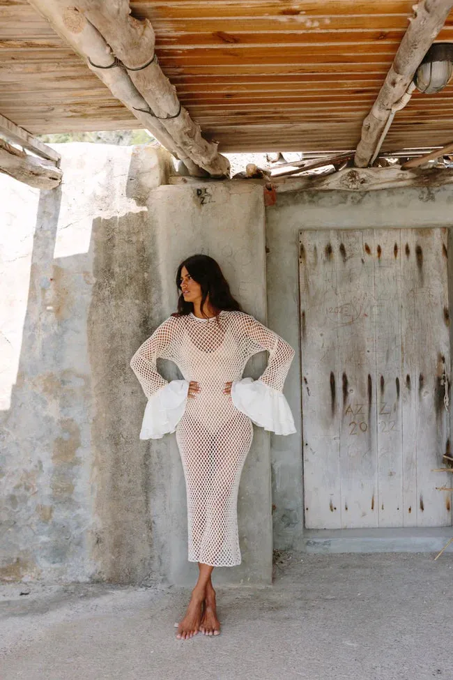 Crochet Contrast Ruffle Sleeve Dress Ecru sold by Sand Dollar product image thumbnail 3