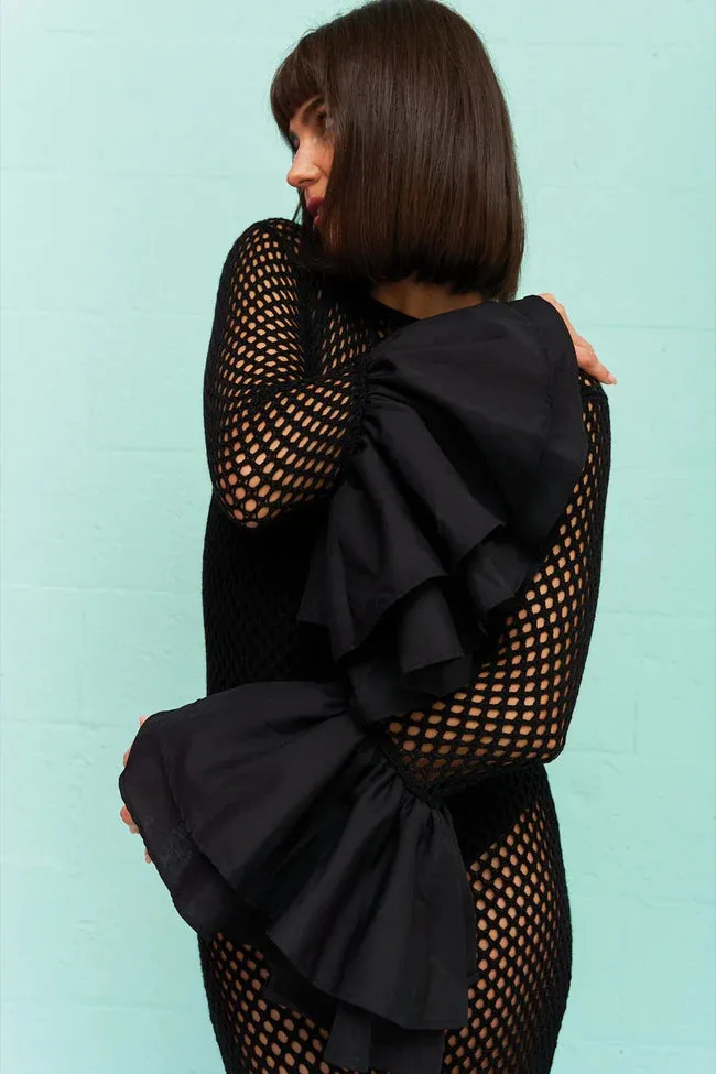 Crochet Contrast Ruffle Sleeve Dress Black sold by Sand Dollar product image thumbnail 2