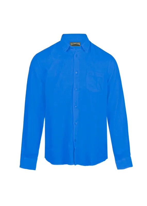 Caroubis Solid Palace Blue Long Sleeve Linen Shirt sold by Sand Dollar