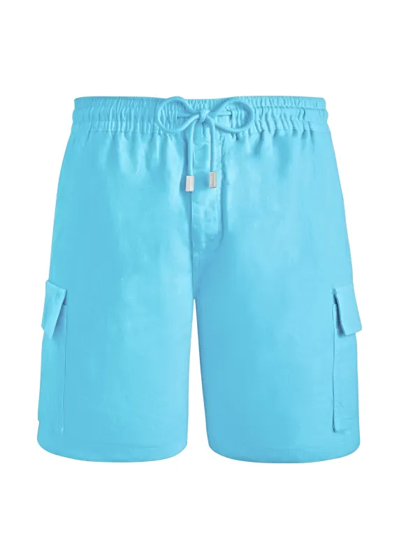 Men Linen Bermuda Shorts Cargo Pockets In Santorini Blue sold by Sand Dollar