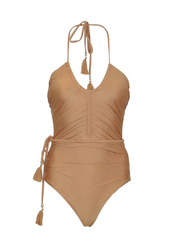 Belted Keyhole One Piece Camello sold by Sand Dollar