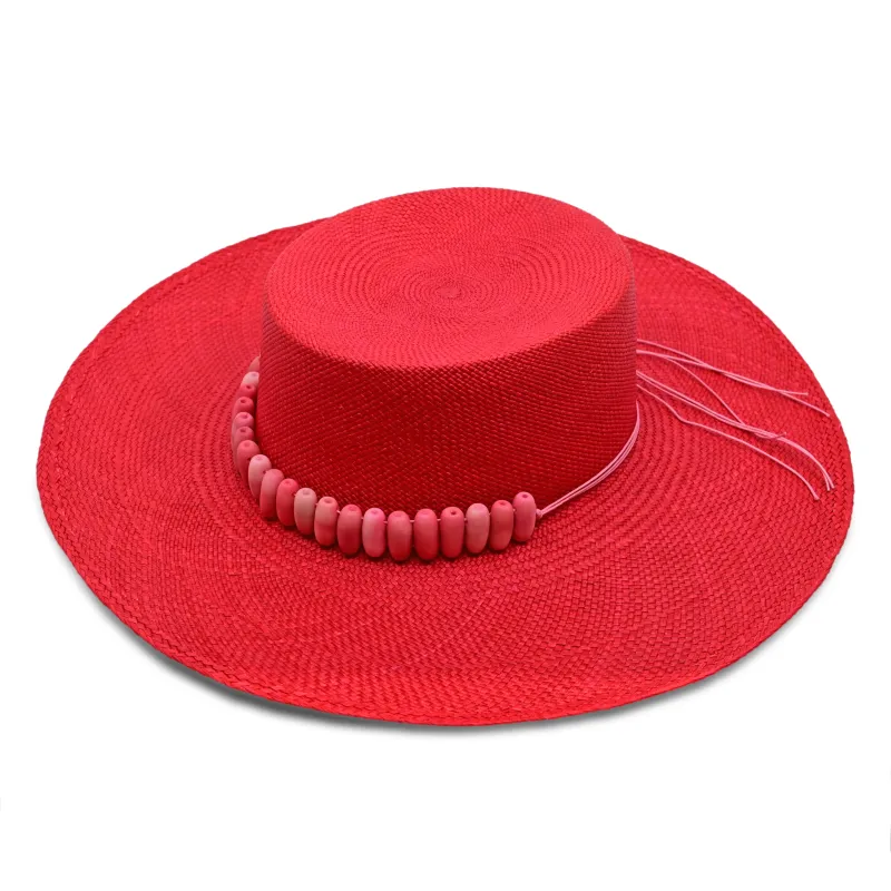 Raku Cordovez Wide Brim Scarlet Hat With Bubblegum Pink Tagua sold by Sand Dollar