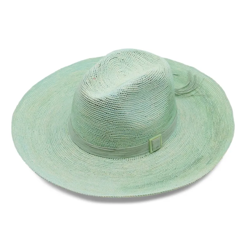 Isabella Clasico Crochet Wide Brim Packable Adriatic Mist Hat With Tagua Buckle Cord sold by Sand Dollar